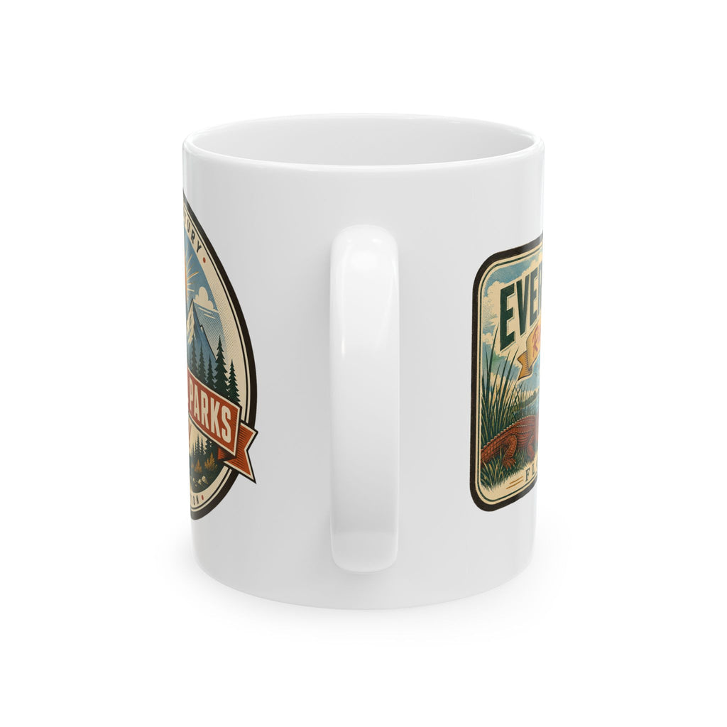 White ceramic mug with Everglades badge and built-in handle
