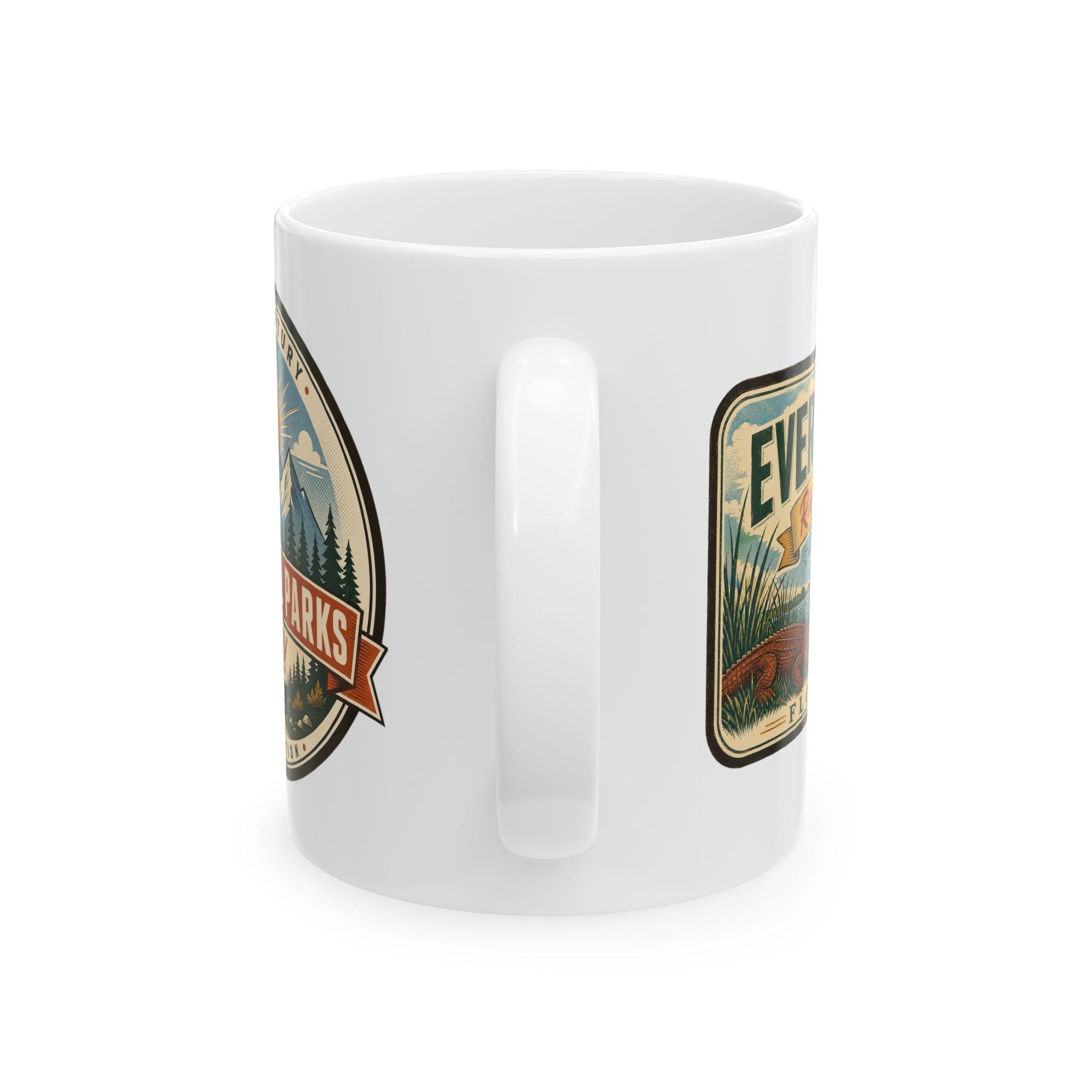 White ceramic mug with Everglades badge and built-in handle