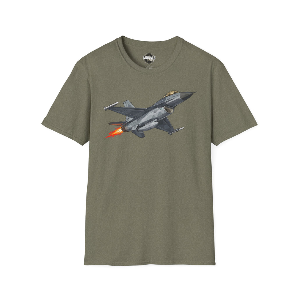 F-16 T-shirt, olive green fabric with camo F-16 jet graphic and orange flame