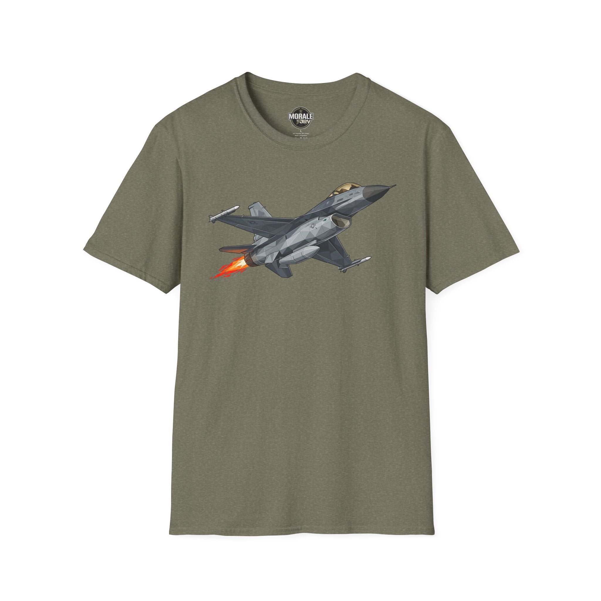 F-16 T-shirt, olive green fabric with camo F-16 jet graphic and orange flame