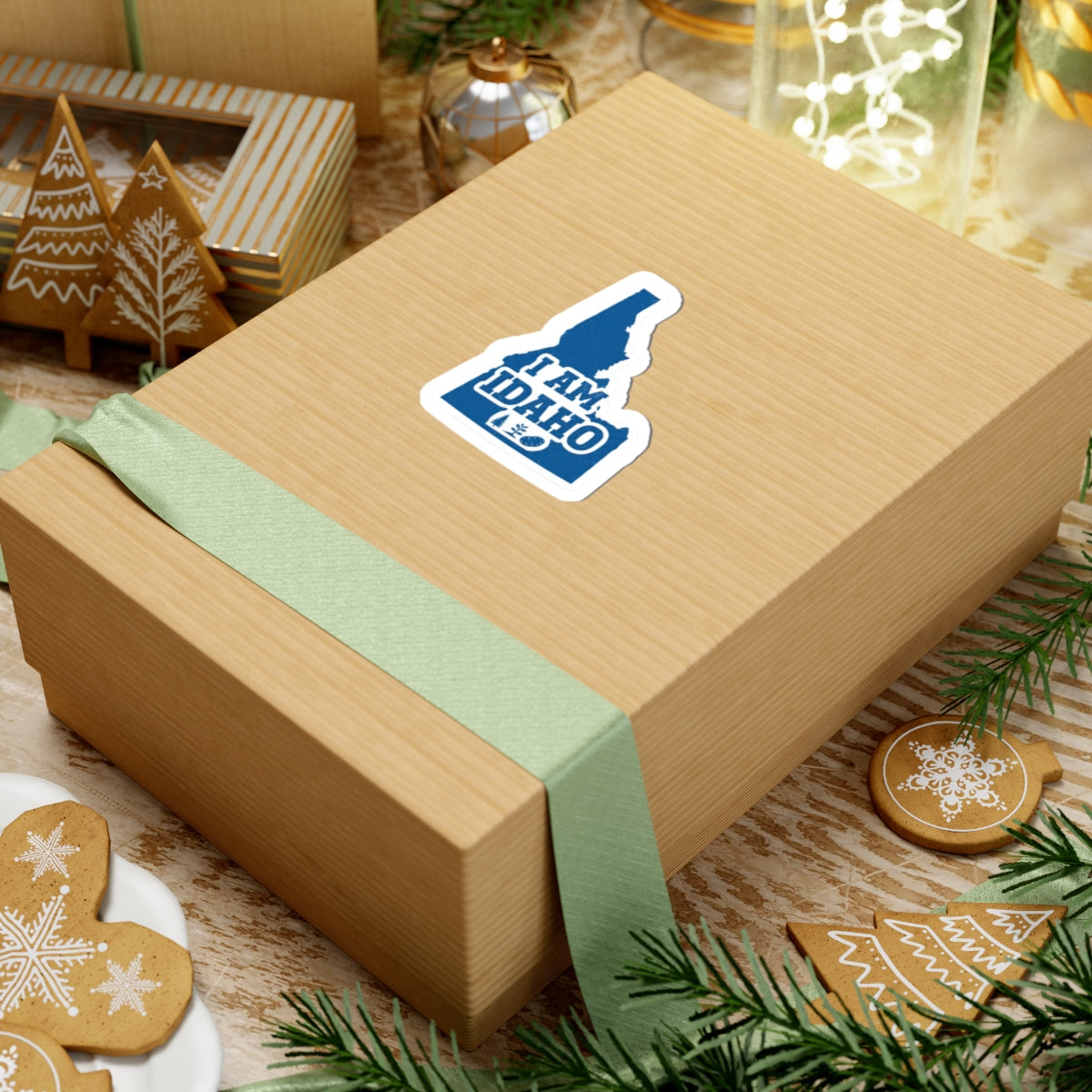 “I AM IDAHO” kiss-cut decal on gift box, blue Idaho map shape with icons
