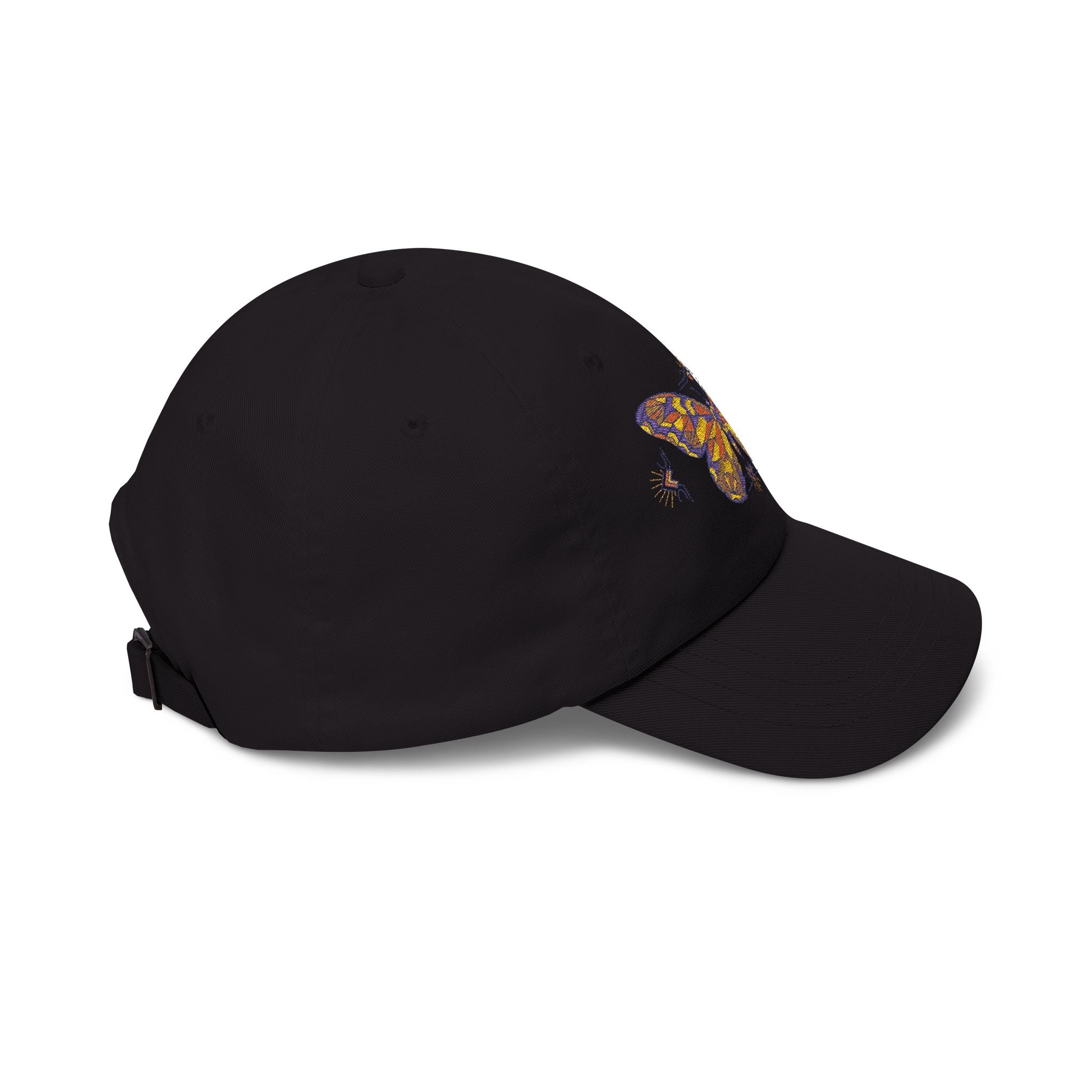 Black baseball cap with embroidered moth on side