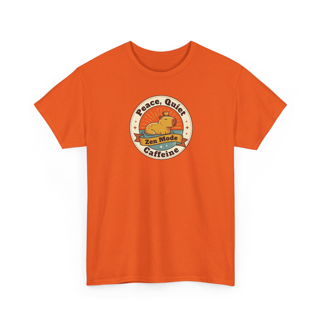 Orange T-shirt with round capybara peace-and-coffee graphic on chest