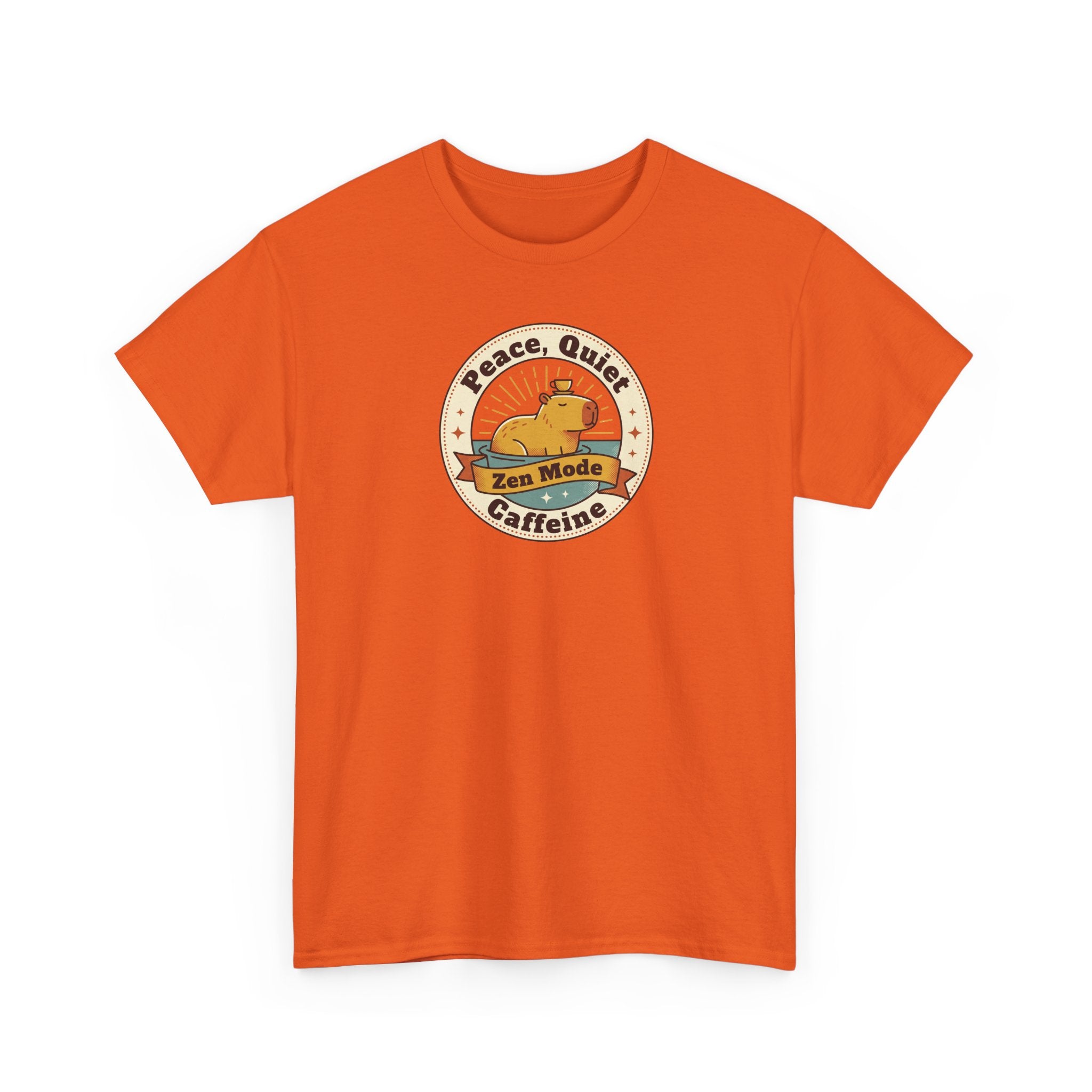 Orange T-shirt with round capybara peace-and-coffee graphic on chest