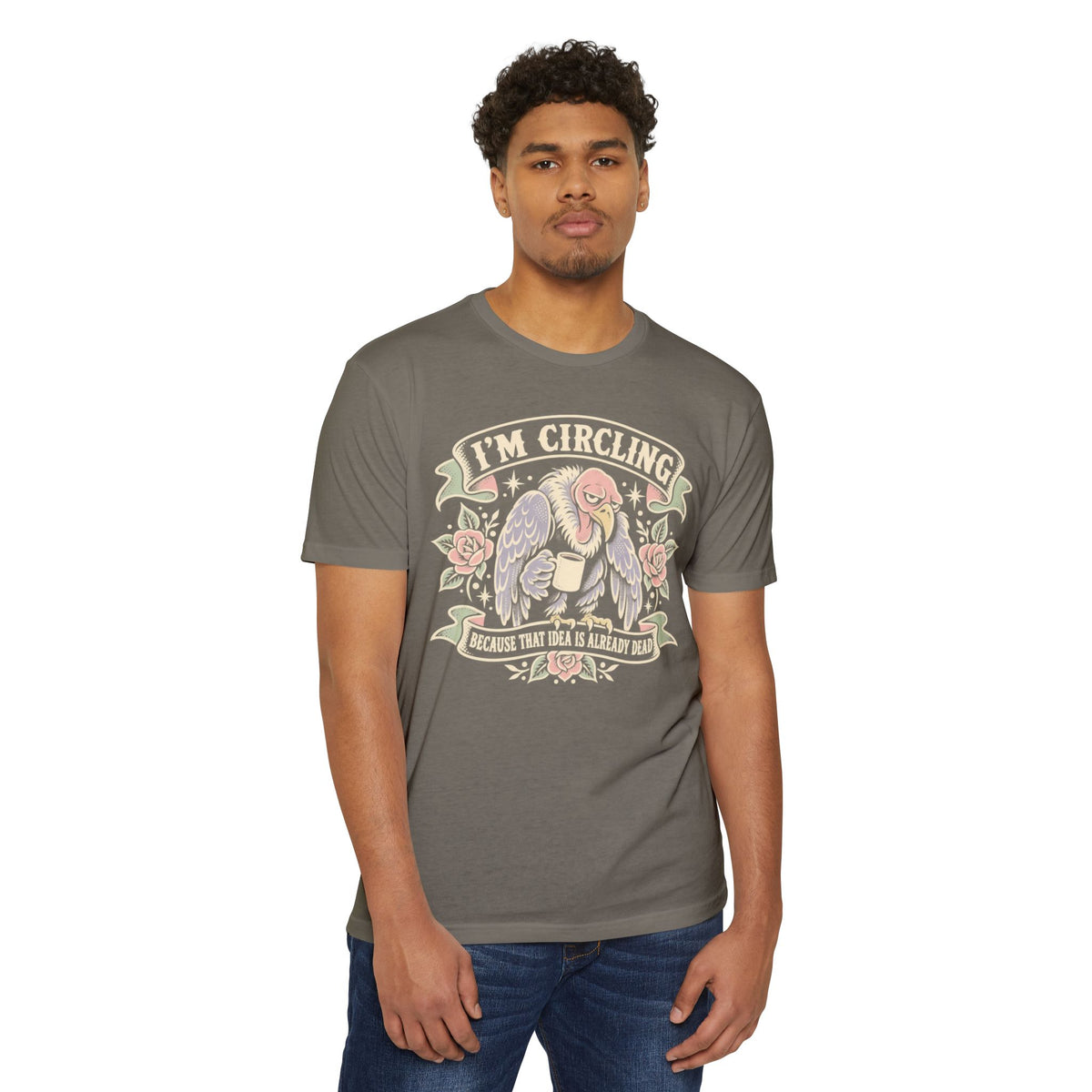 Gray-brown graphic t-shirt with 'I'm circling' angel/vulture front graphic