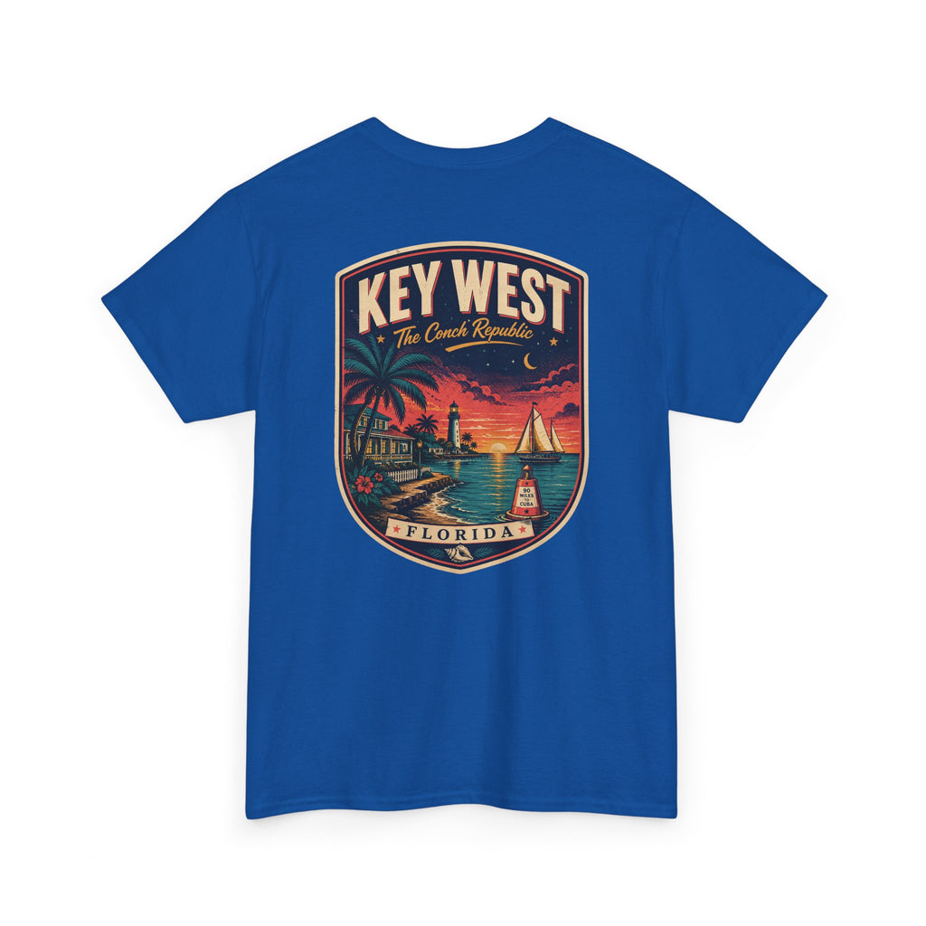 Royal blue crewneck T-shirt with Key West Florida badge lighthouse print.
