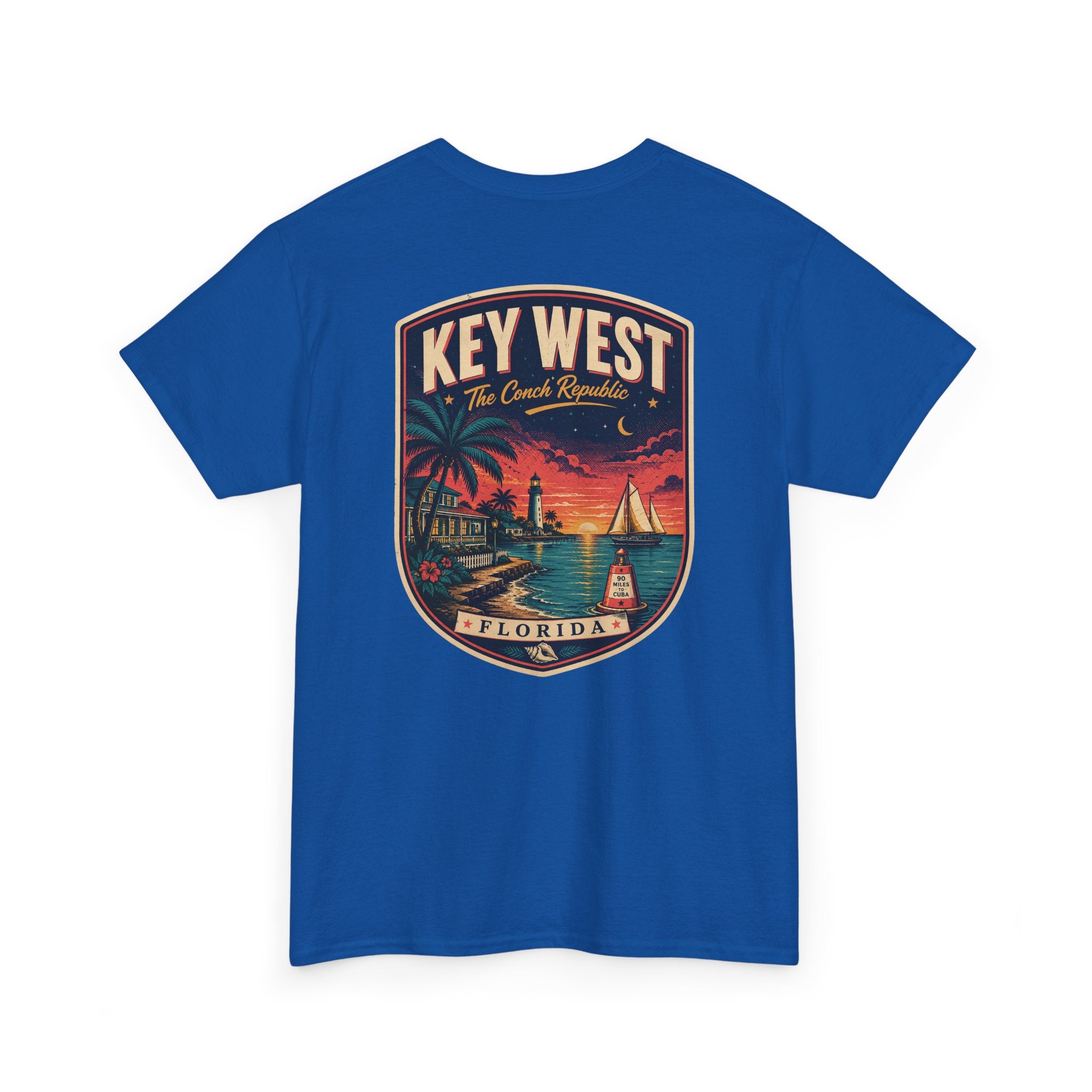 Royal blue crewneck T-shirt with Key West Florida badge lighthouse print.