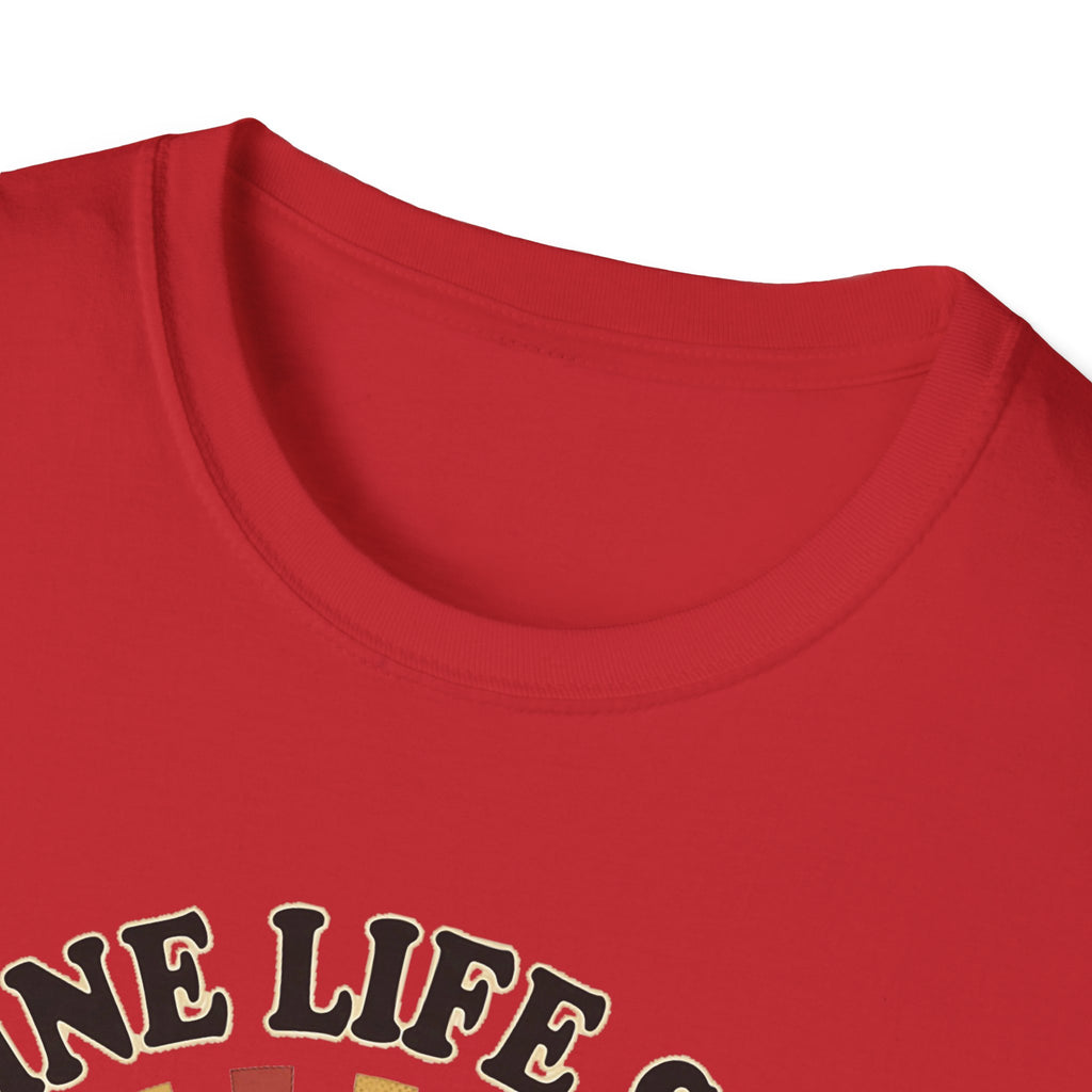 Red T-shirt, crew neck, partial 'NE LIFE' cartoon coffee design