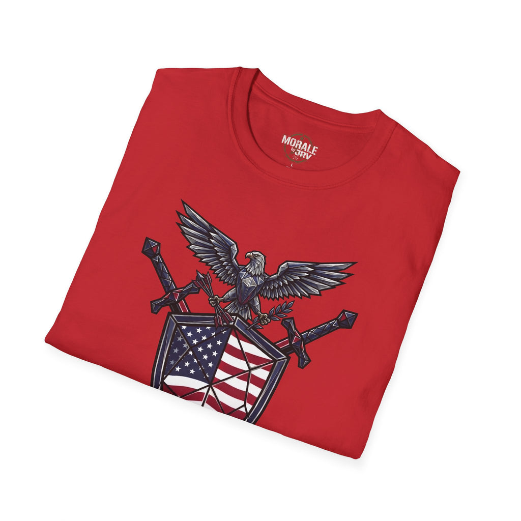Printify rotes T-Shirt mit Adler-Graphic, Flagge und gekreuzten Symbolen auf Brust