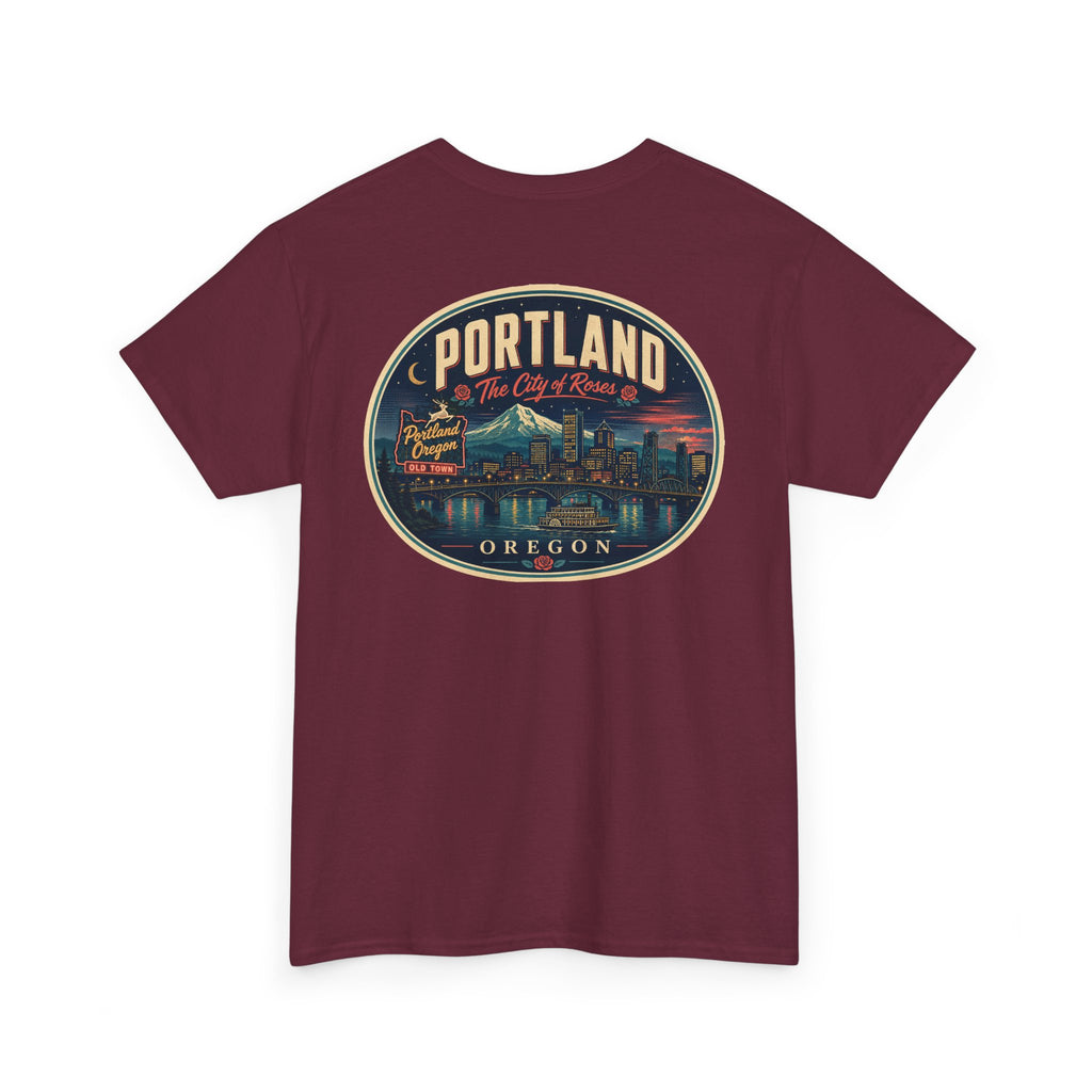 Maroon T-shirt with Portland Oregon round skyline badge graphic