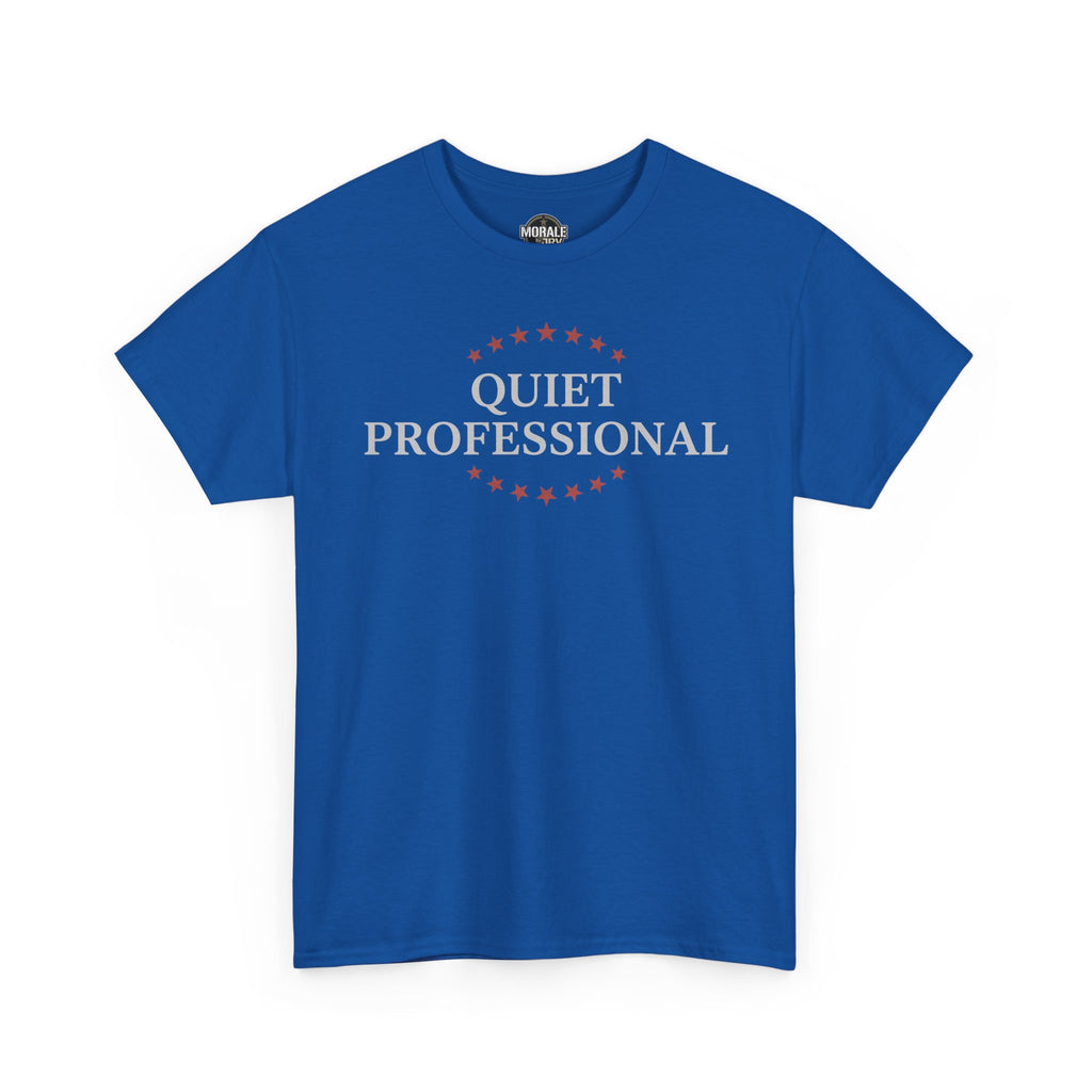 Royal blue crew-neck T-shirt with 'QUIET PROFESSIONAL' graphic