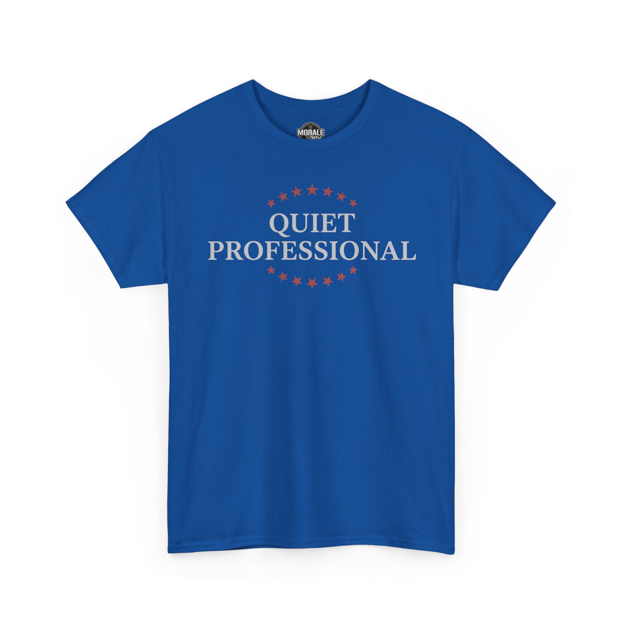 Royal blue crew-neck T-shirt with 'QUIET PROFESSIONAL' graphic