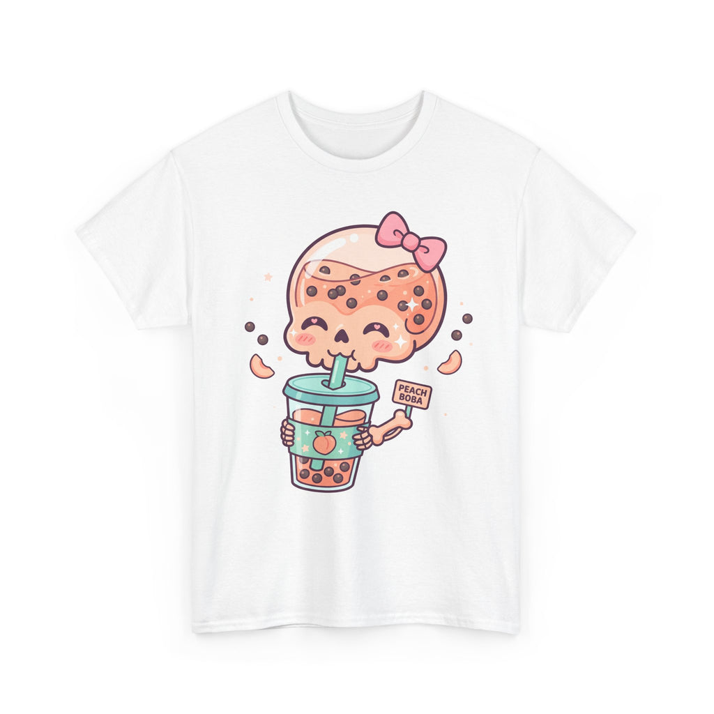 Light Blue Boba tea skull T-shirt with kawaii bubble tea cup graphic