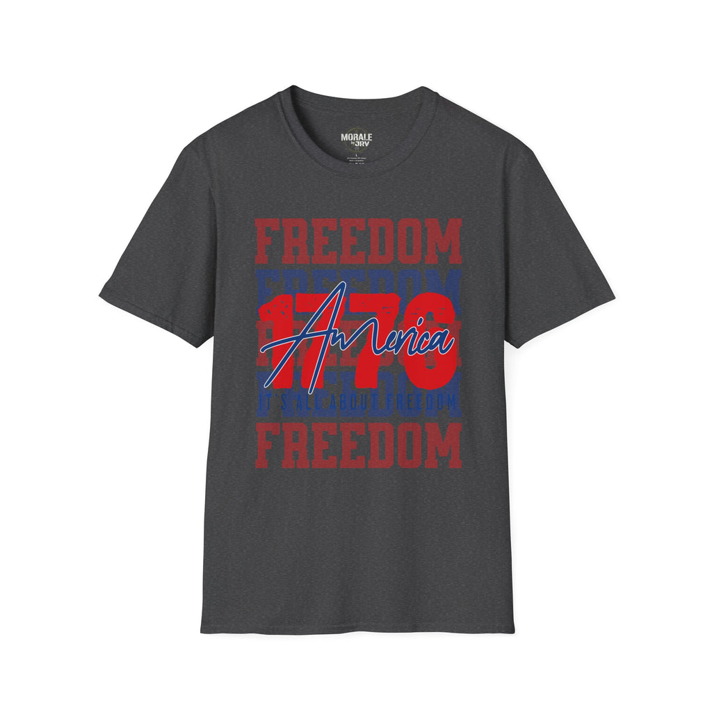 Dark heather Freedom USA graphic T-shirt with red/blue 'America' print
