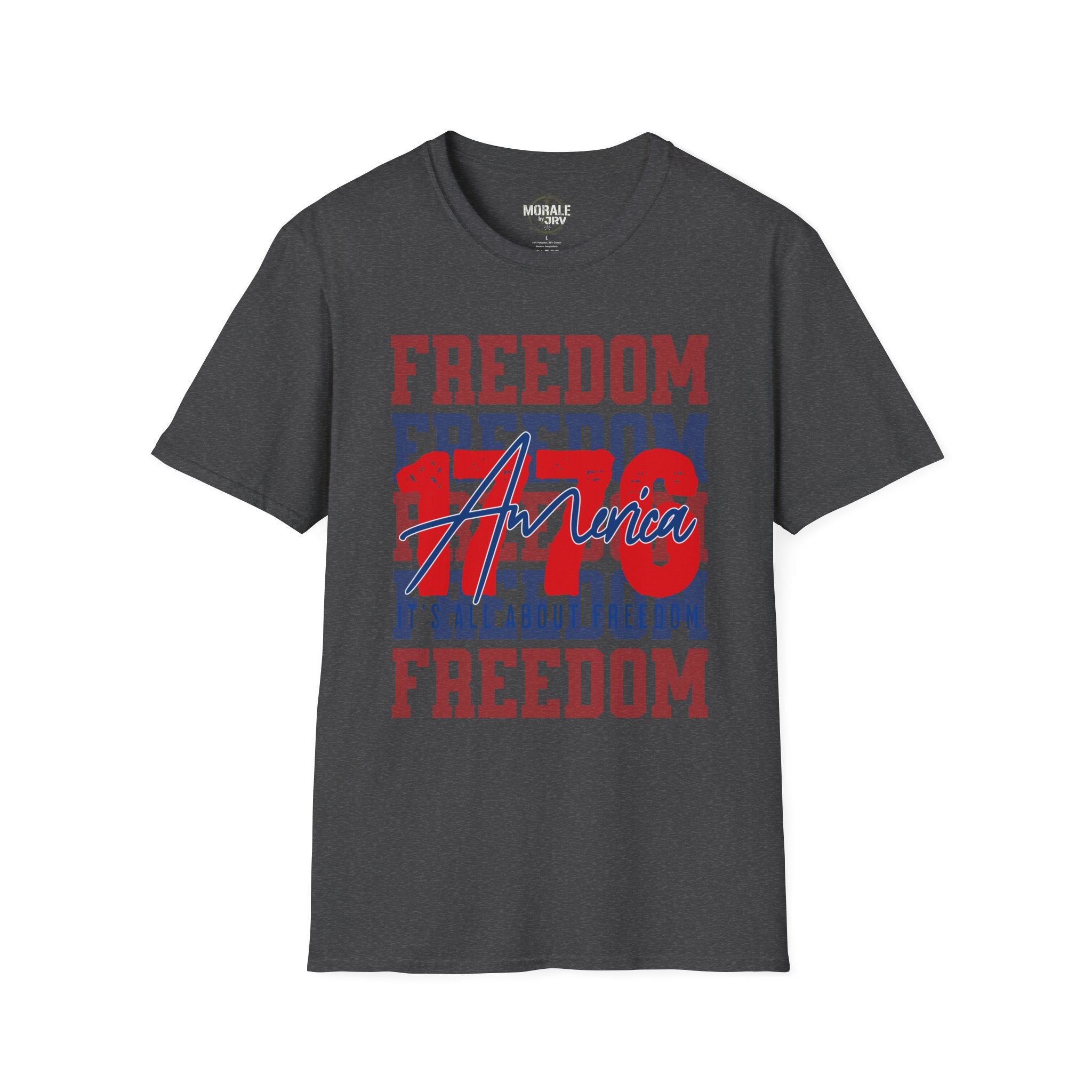 Dark heather Freedom USA graphic T-shirt with red/blue 'America' print
