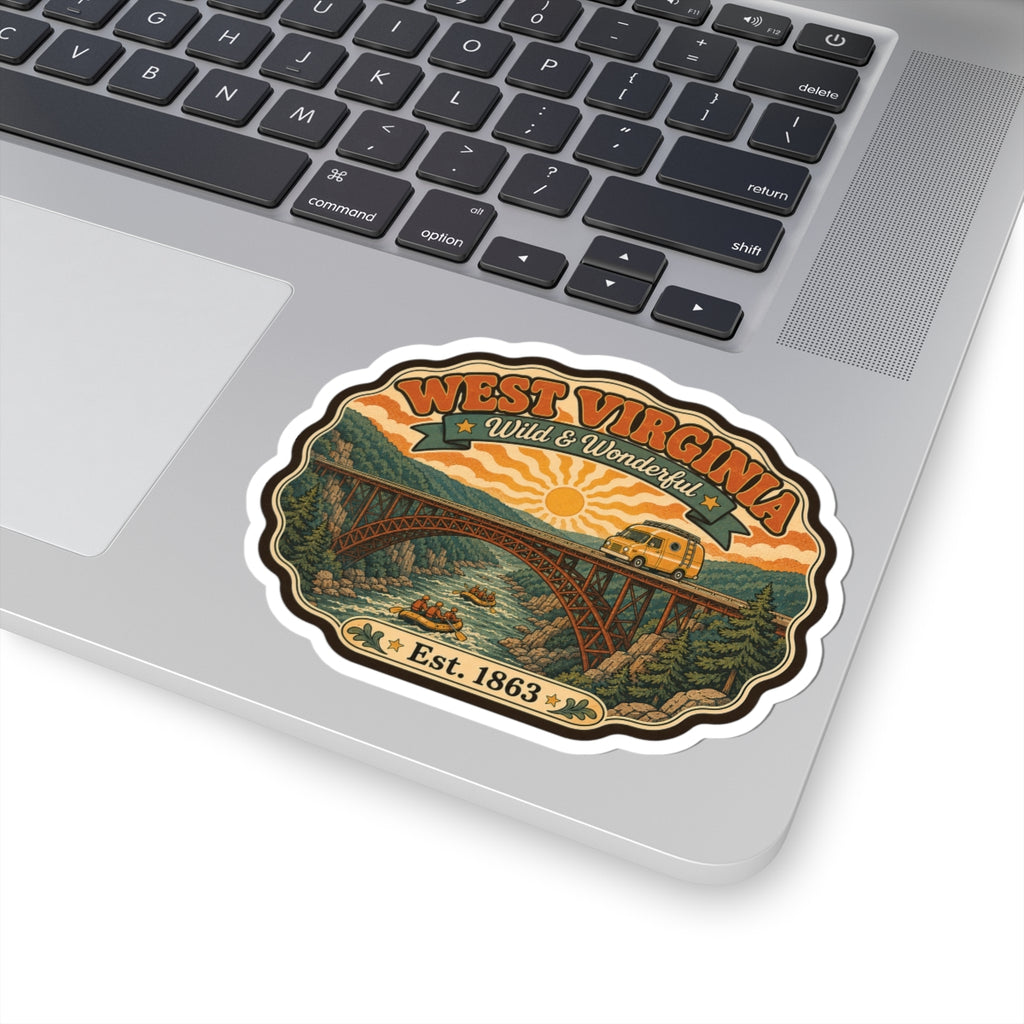 West Virginia sticker with bridge, sun, pine forest, yellow bus, “Wild & Wonderful”