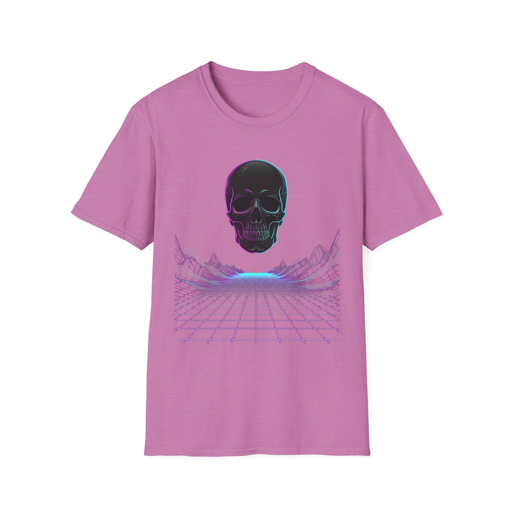 Neon skull T-shirt, lavender-pink front with neon skull graphic and grid road lines