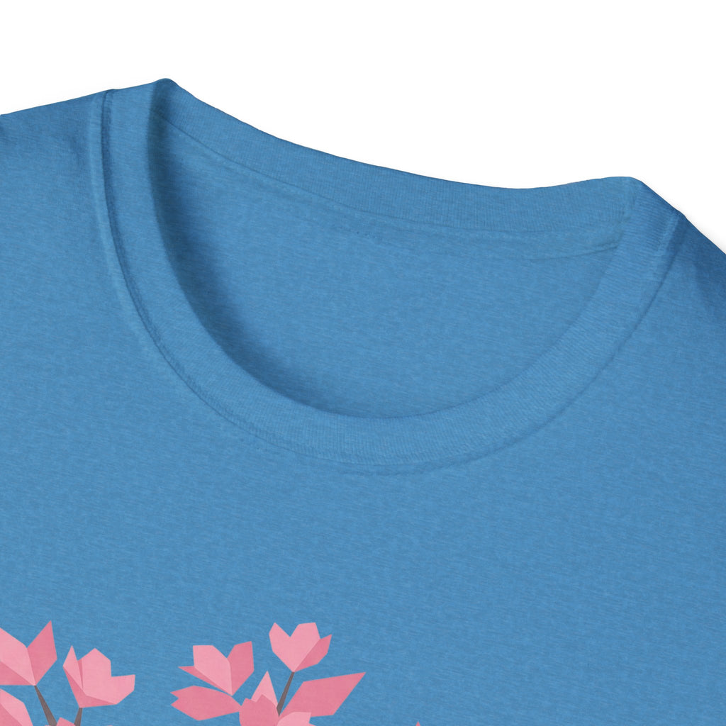 Blue crew neck T-shirt with partial pink cherry blossom graphic at hem