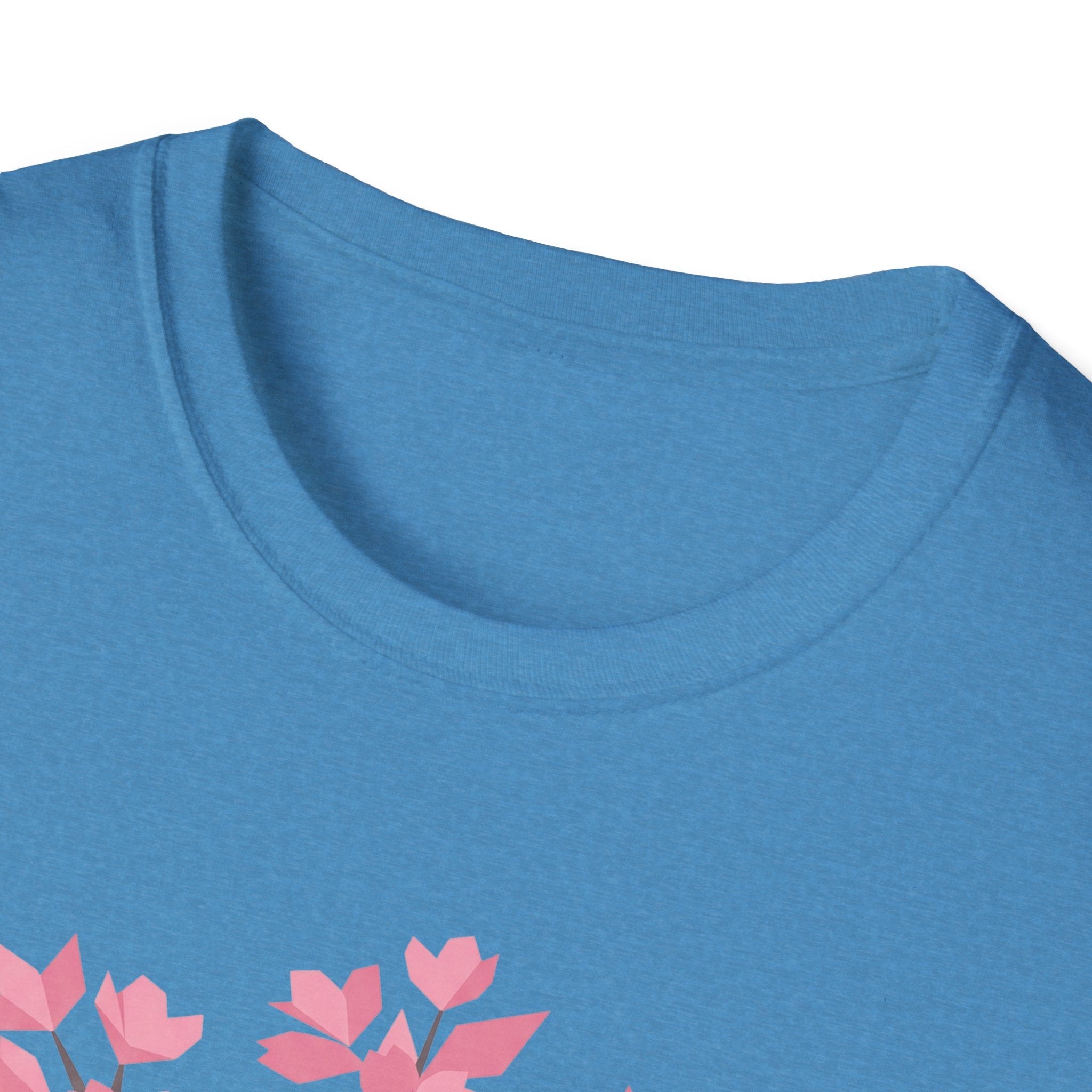 Blue crew neck T-shirt with partial pink cherry blossom graphic at hem