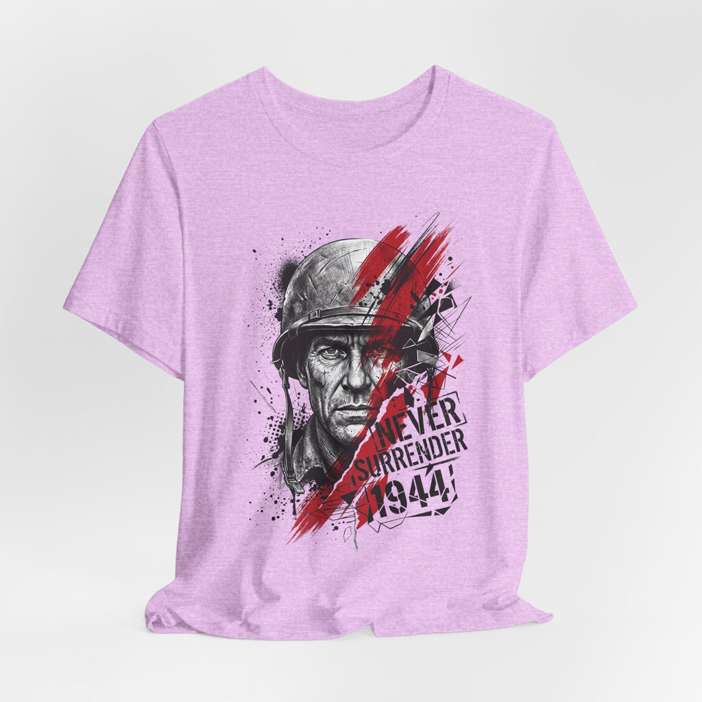 Light purple crew-neck graphic T-shirt with WWII soldier portrait and red paint splatter