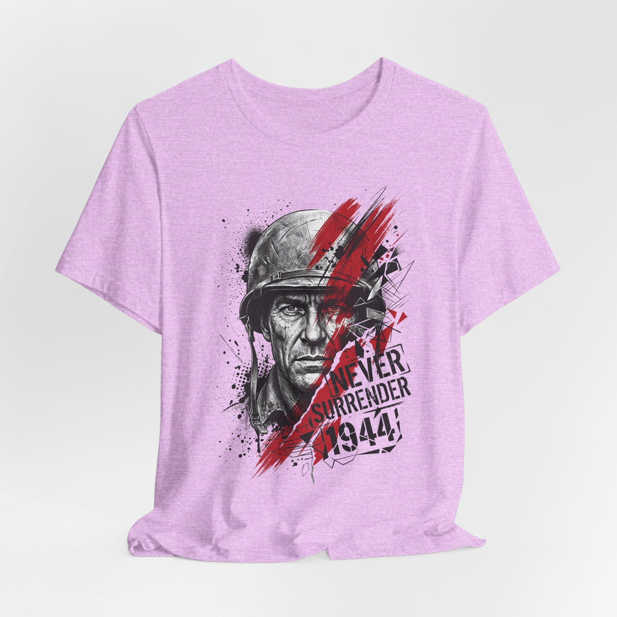 Light purple crew-neck graphic T-shirt with WWII soldier portrait and red paint splatter