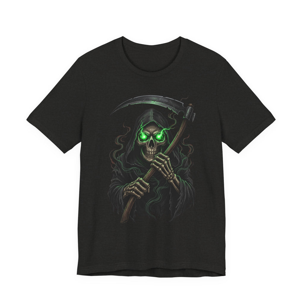 Black unisex T-shirt with neon green-eyed skull grim reaper scythe front print