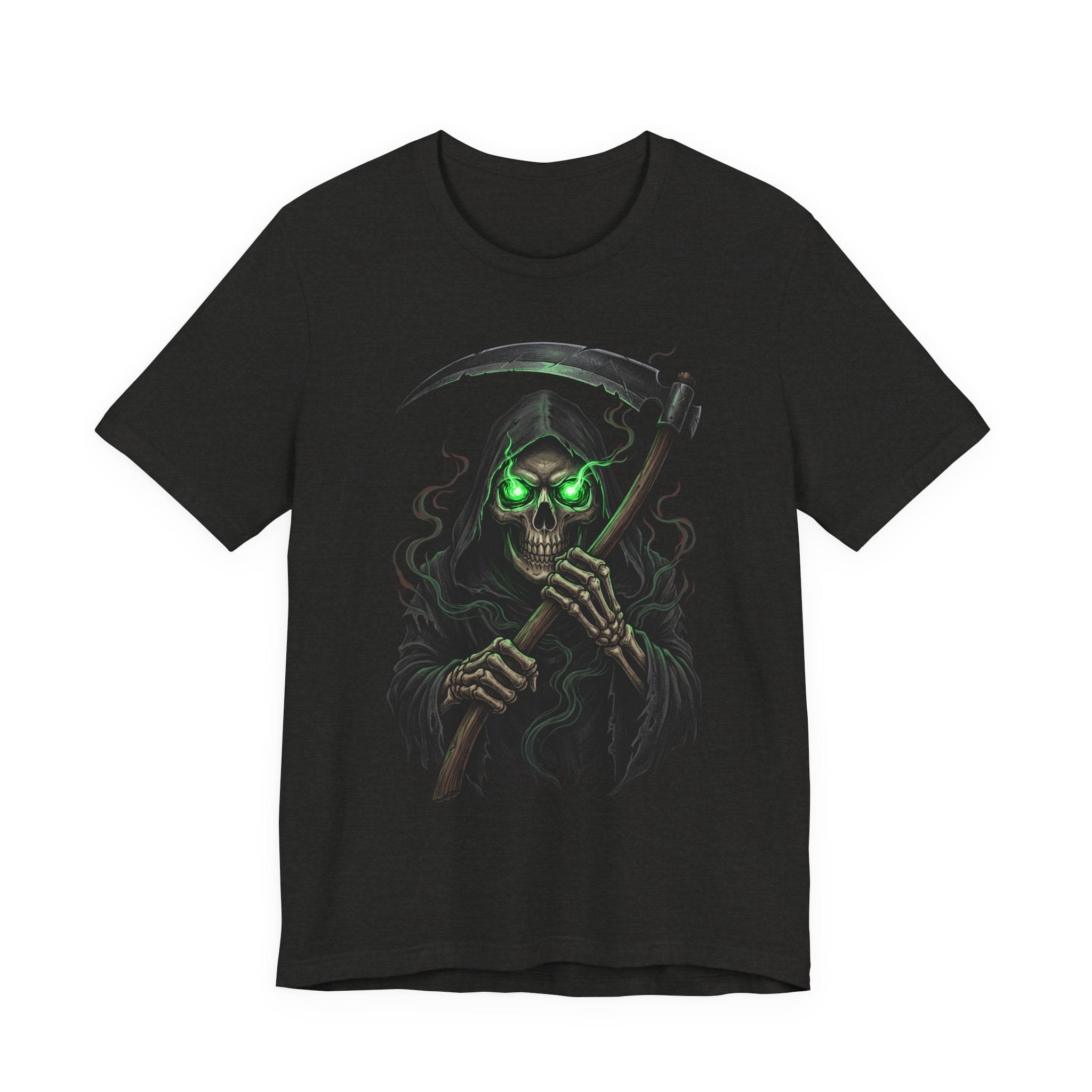 Black unisex T-shirt with neon green-eyed skull grim reaper scythe front print