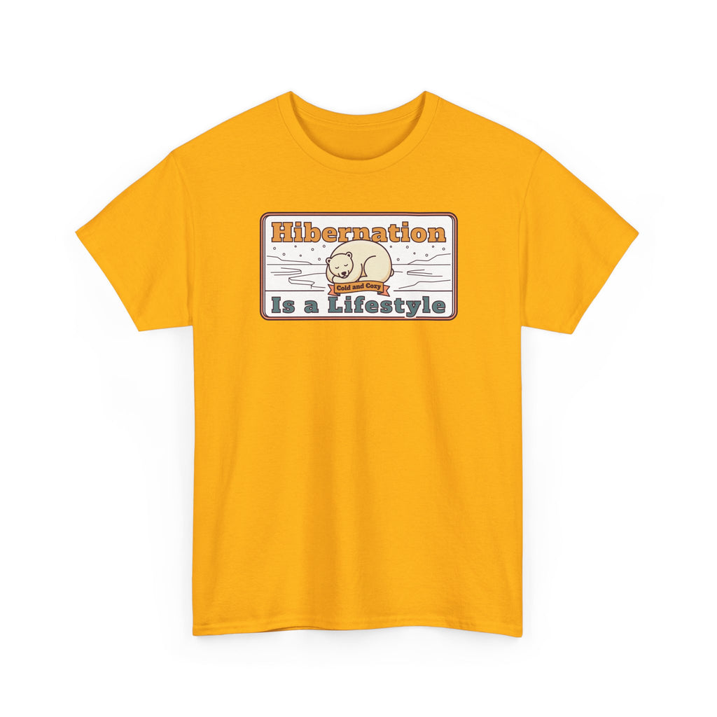 Orange t-shirt with front graphic reading “Hibernation Is a Lifestyle” and sloth illustration
