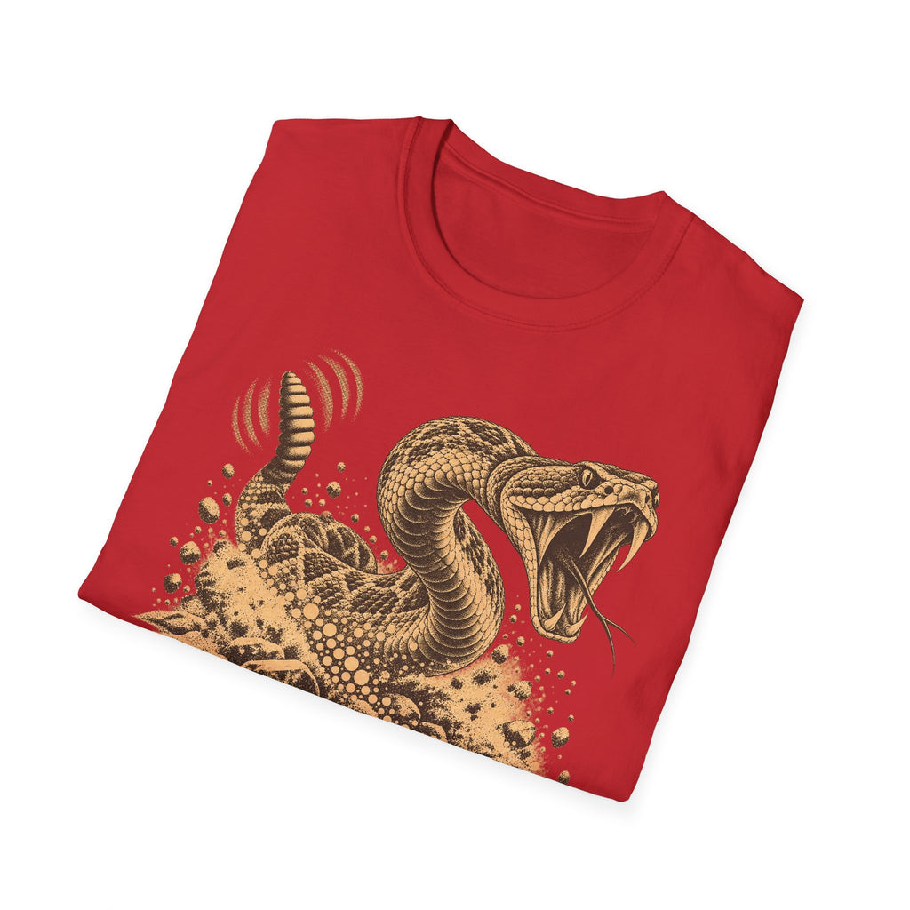 Red crewneck T-shirt with coiled rattlesnake and desert sand graphic