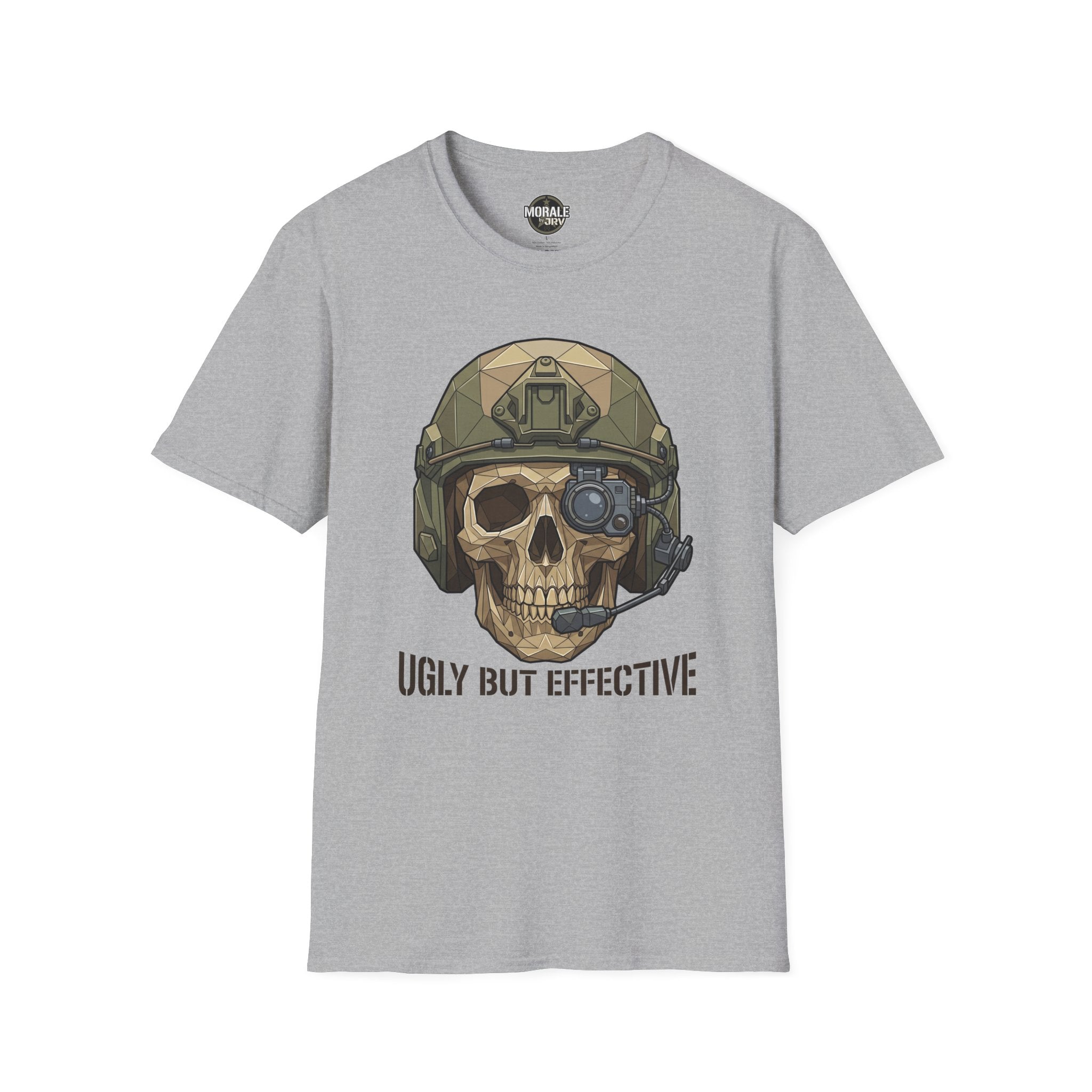 Grau meliertes T-Shirt mit Totenkopf-Helm-Grafik und „Ugly But Effective“ Aufdruck