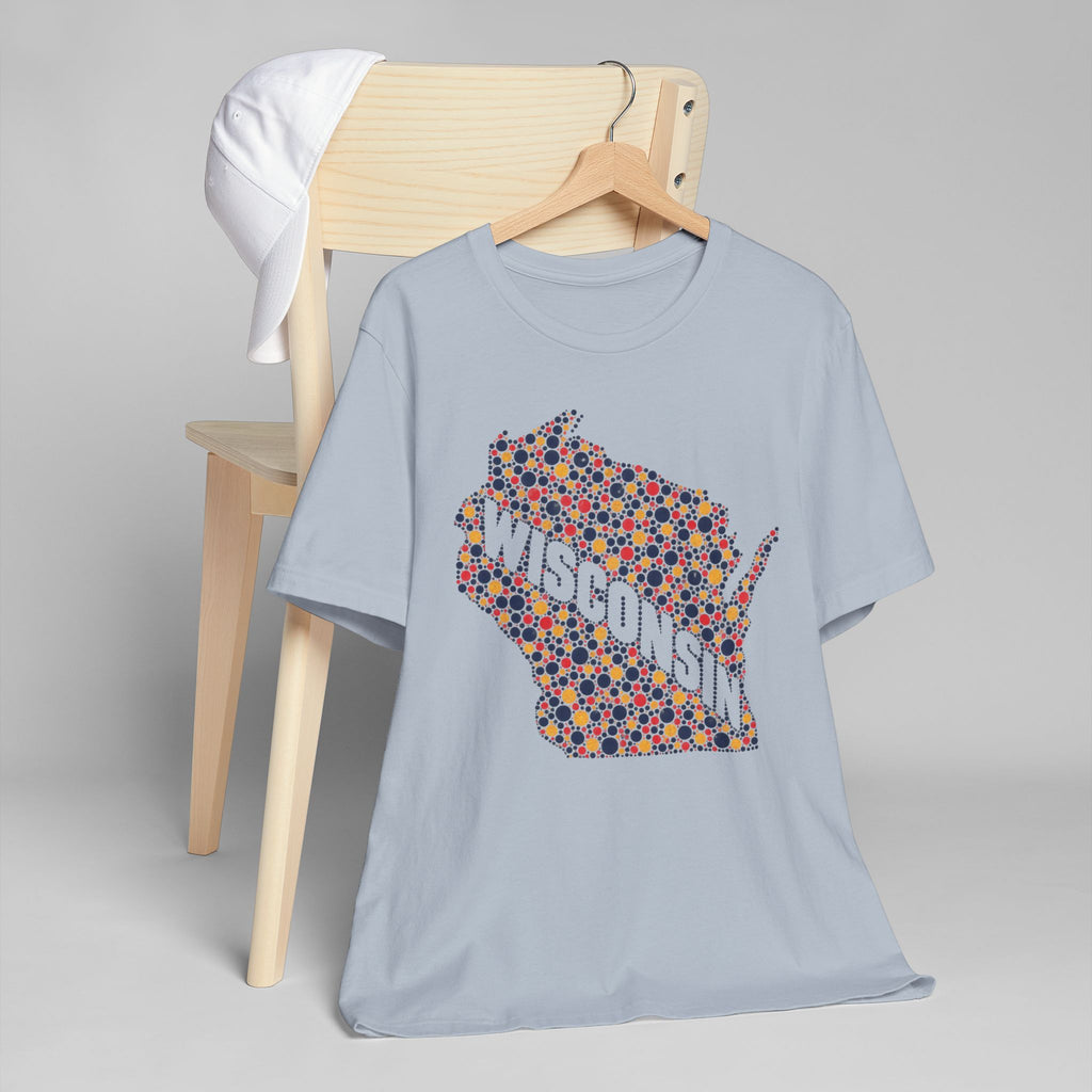 Light blue crew-neck T-shirt with colorful dot-pattern state graphic