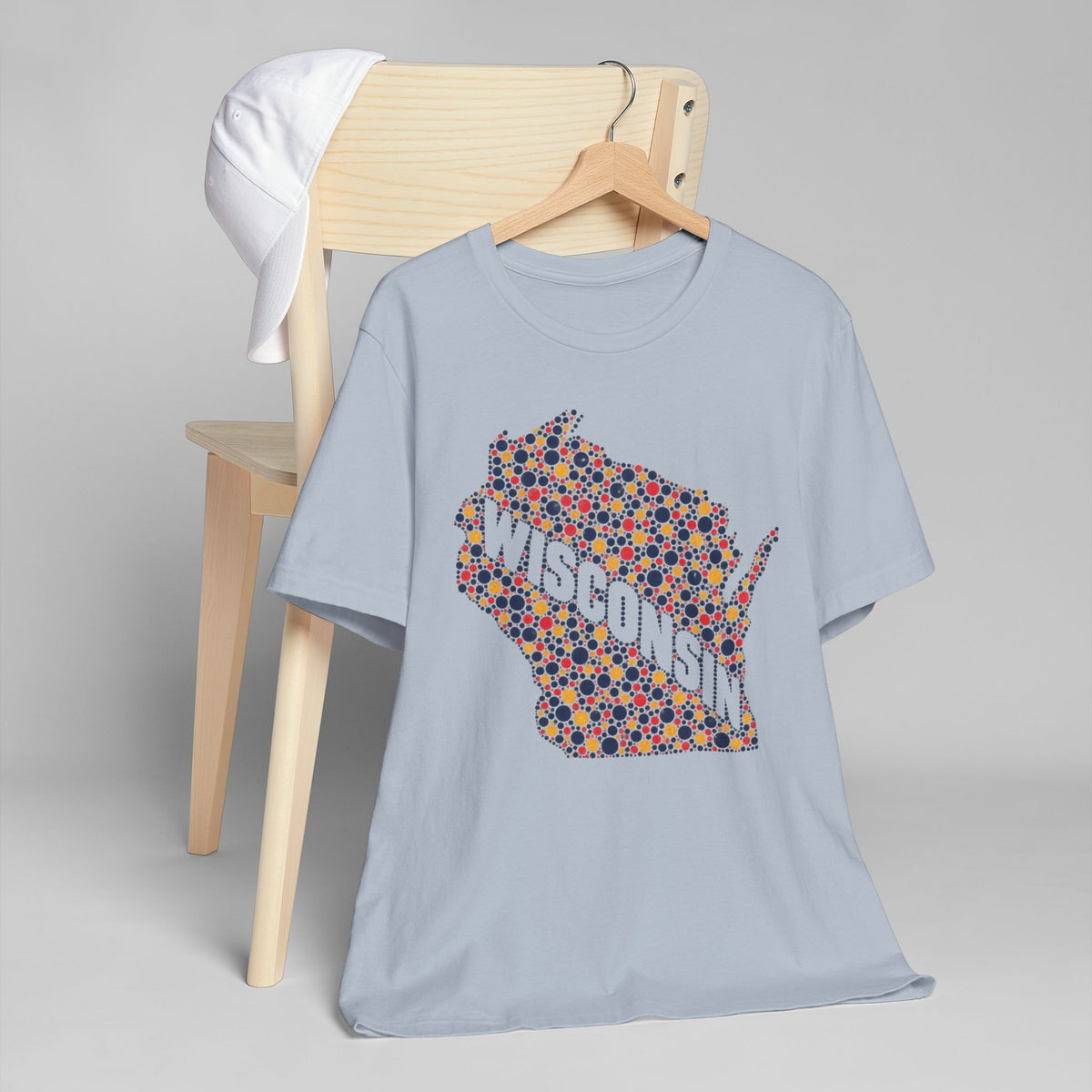 Light blue crew-neck T-shirt with colorful dot-pattern state graphic
