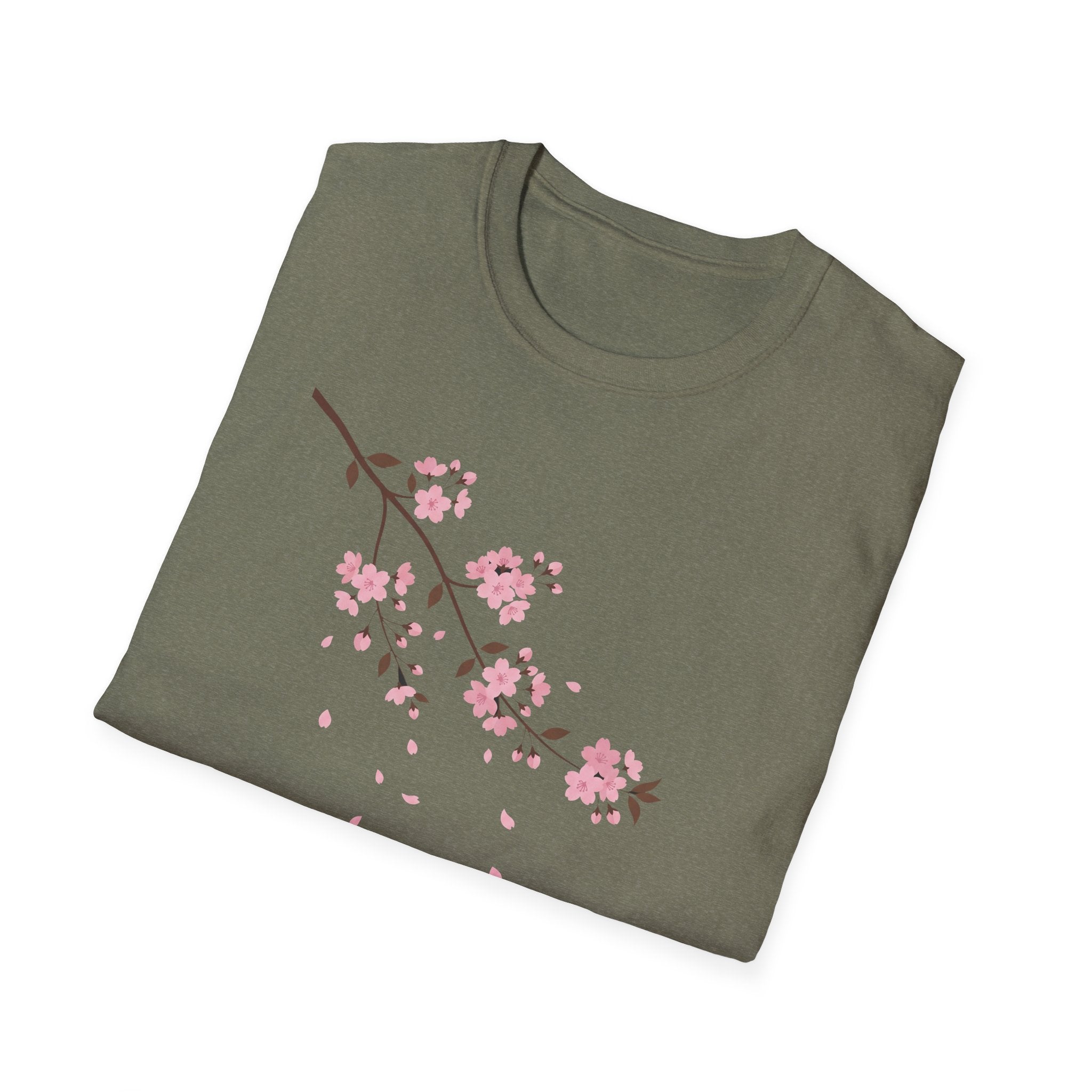 Olive green T-shirt with pink cherry blossom branch and falling petals print