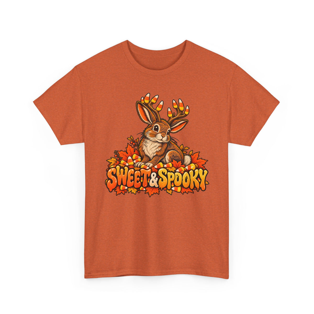 Orange Halloween jackalope t-shirt with candy corn antler bunny front graphic