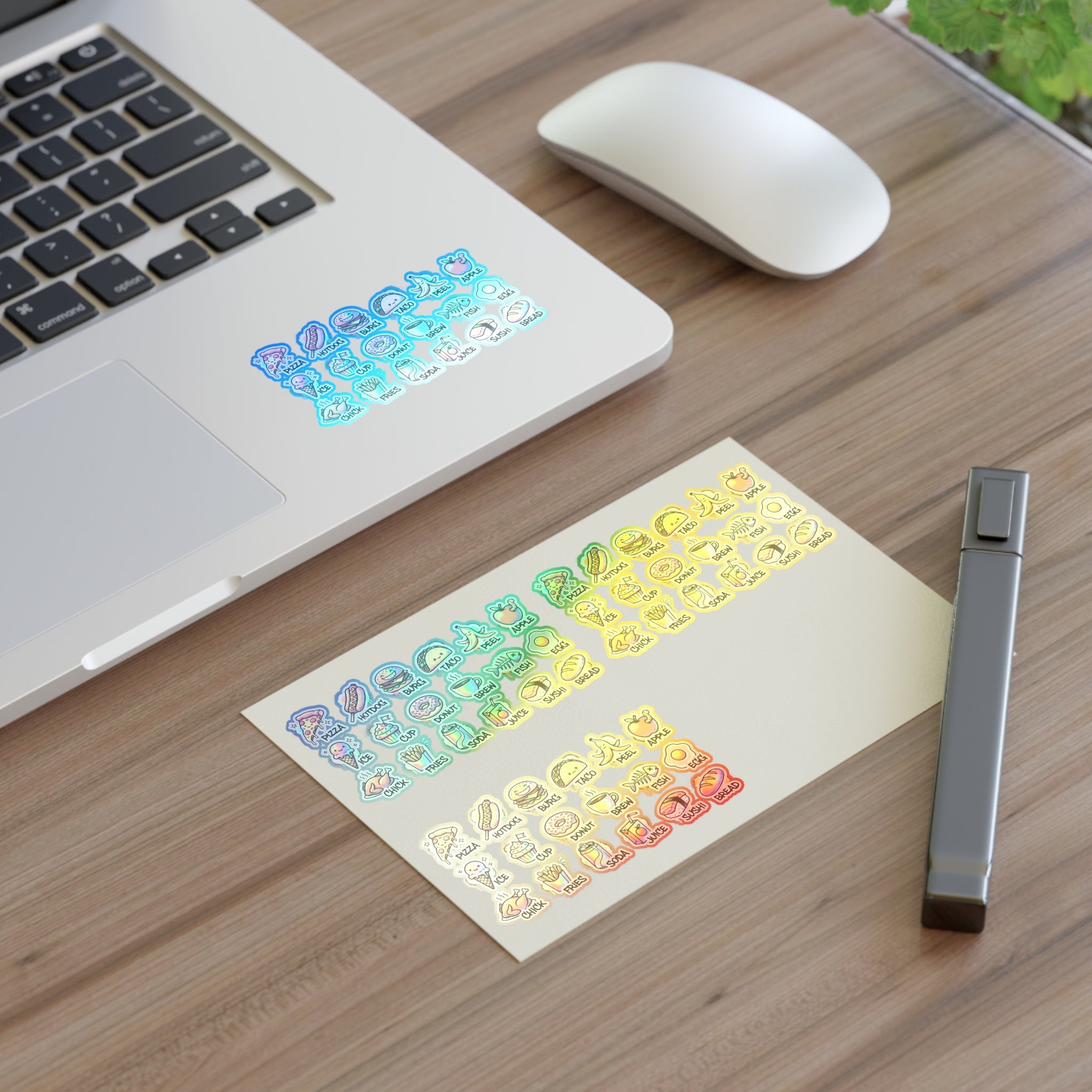 Holographic food icon stickers on desk: pizza, hotdog, burger, taco, apple