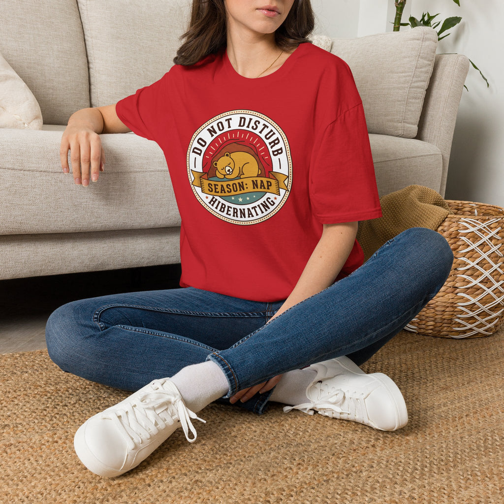 Red short-sleeve t-shirt with circular “Do Not Disturb” sleeping bear graphic.