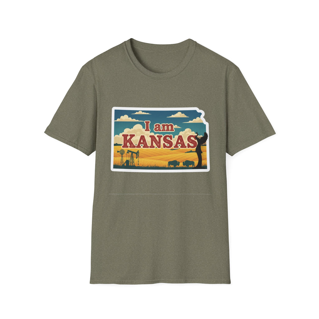 Olive Kansas T-shirt with 'I am KANSAS' graphic featuring prairie plants and bison