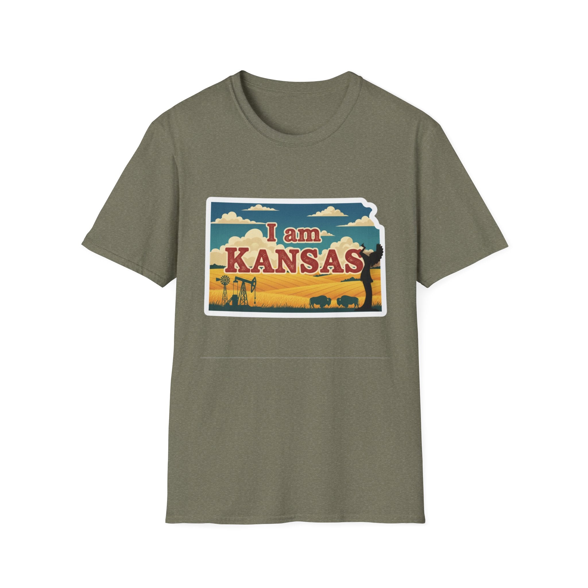 Olive Kansas T-shirt with 'I am KANSAS' graphic featuring prairie plants and bison