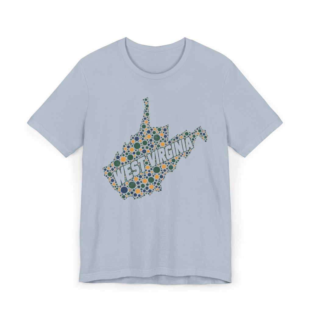 Light blue T-shirt with dotted West Virginia map and “WEST VIRGINIA” text graphic