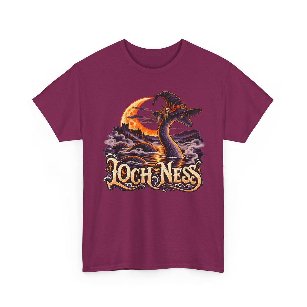 Burgundy Halloween t-shirt with Nessie in witch hat and moonlit lake graphic