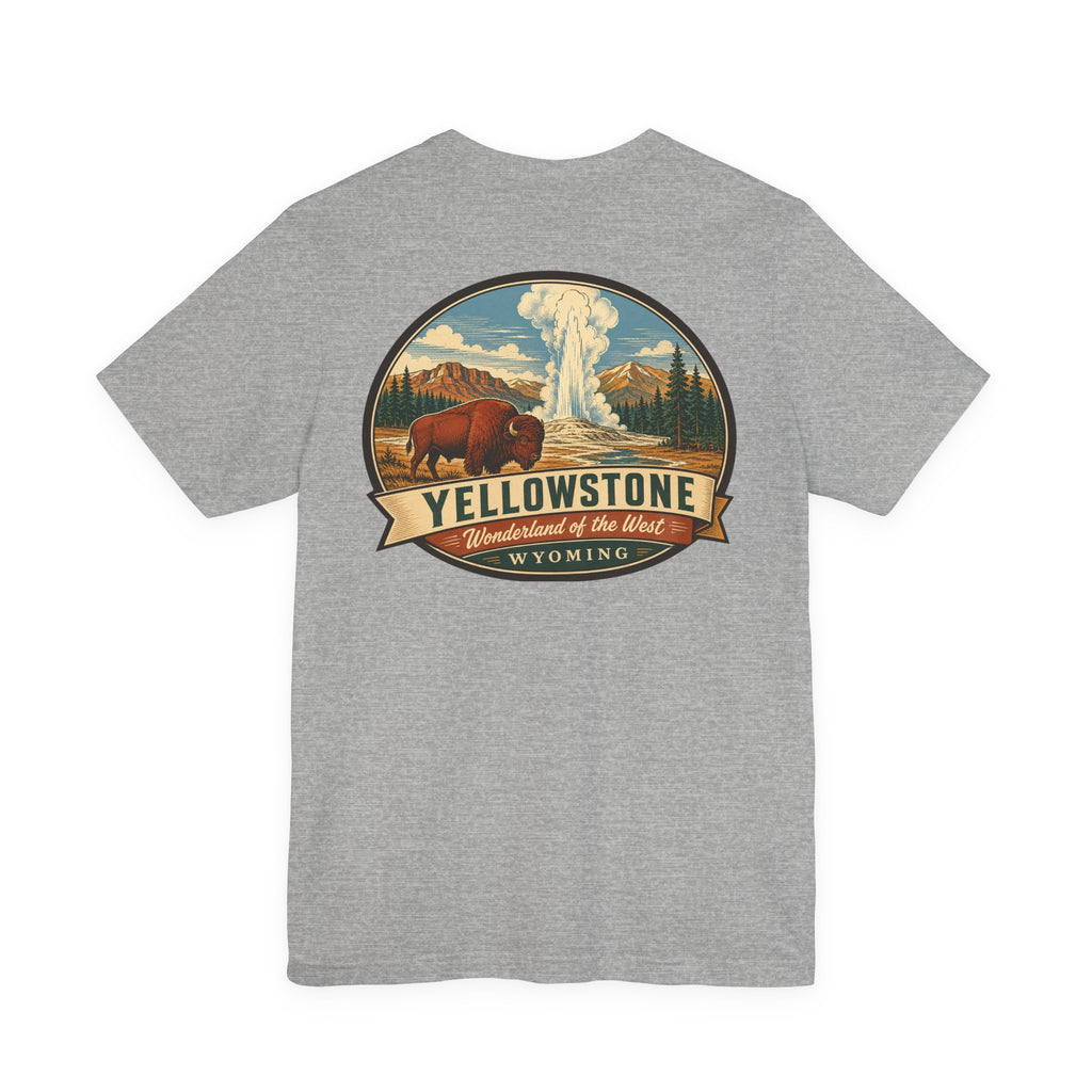 Dark gray heather t-shirt with circular bison and geyser Yellowstone graphic on chest