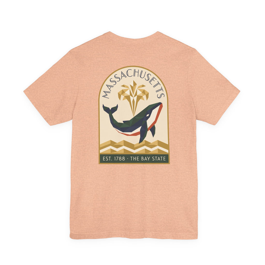 Peach T-shirt with whale and Massachusetts emblem graphic