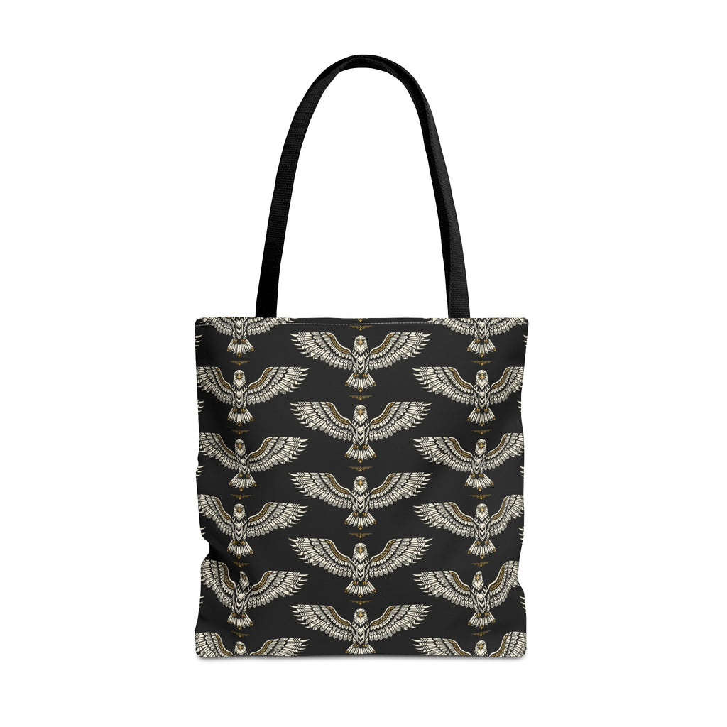 Tote bag with black fabric and repeating gold winged scarab pattern, black handles