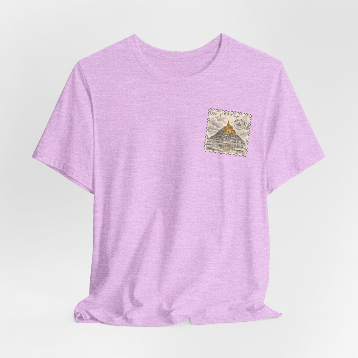 Light purple heather short-sleeve t-shirt with small vintage postage stamp graphic on chest.