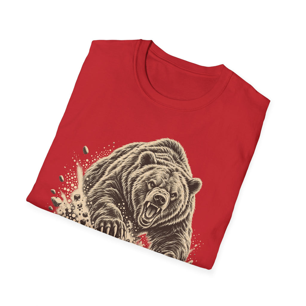 Red bear graphic t-shirt with roaring bear head front print