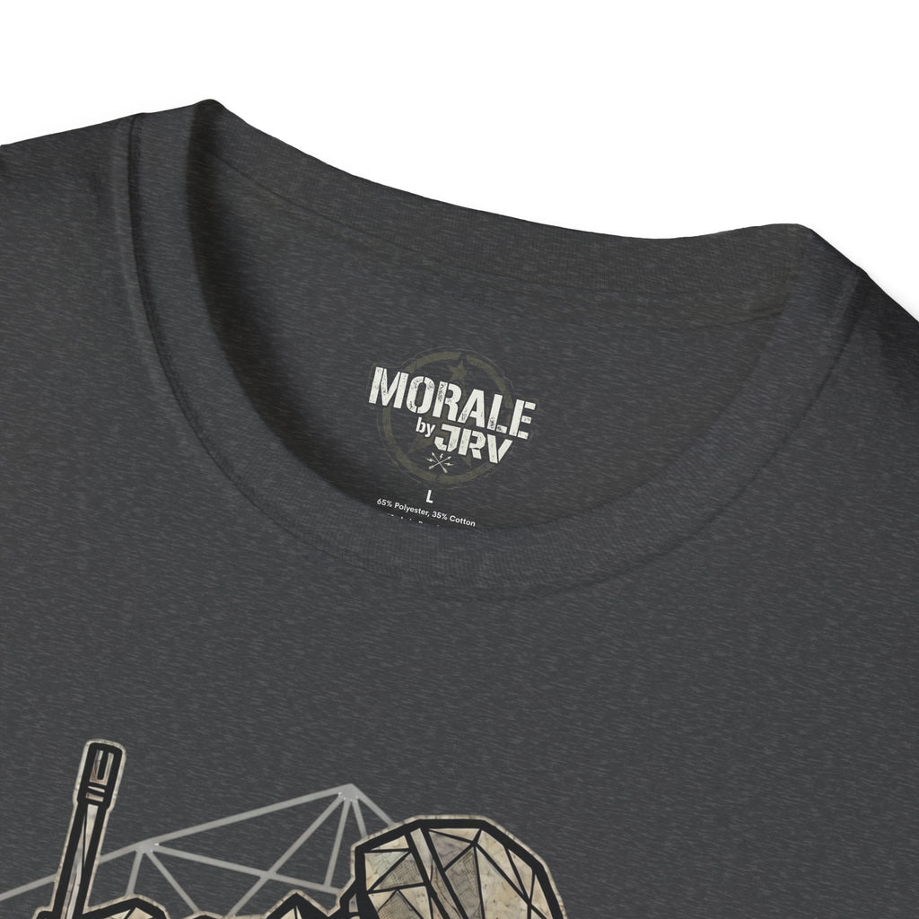 Dark heather T-shirt with “MORALE by JR7” neck label and soldier illustration
