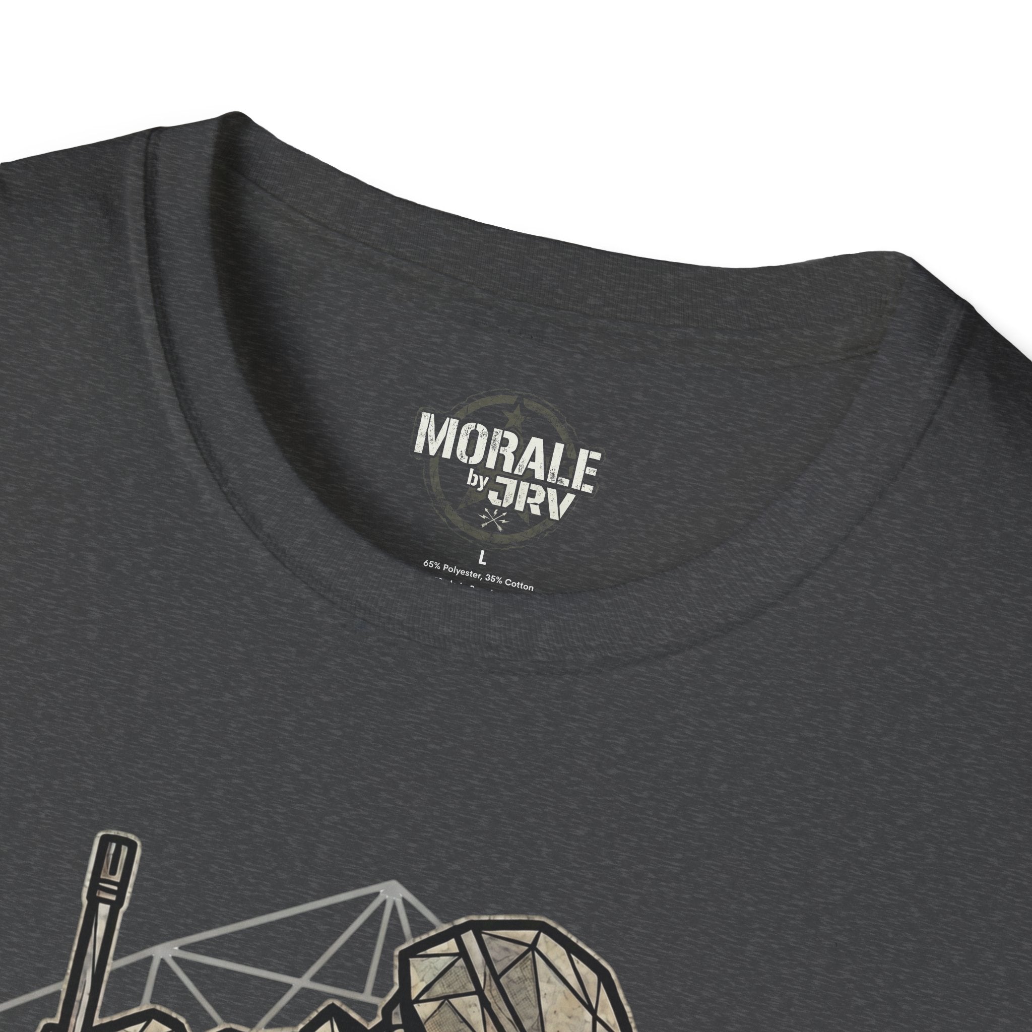 Dark heather T-shirt with “MORALE by JR7” neck label and soldier illustration