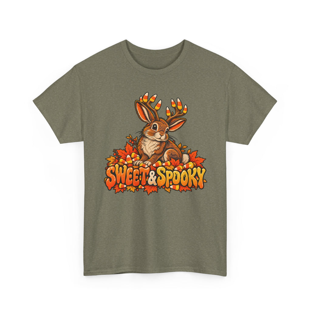 Olive Halloween jackalope t-shirt with candy corn antler bunny front graphic