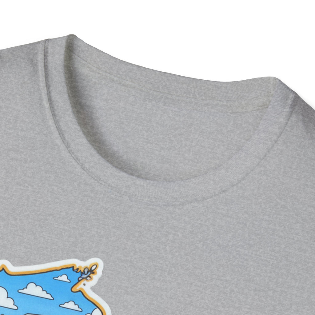 I Am Wisconsin T-Shirt, heather gray, crew neck close-up with partial front print