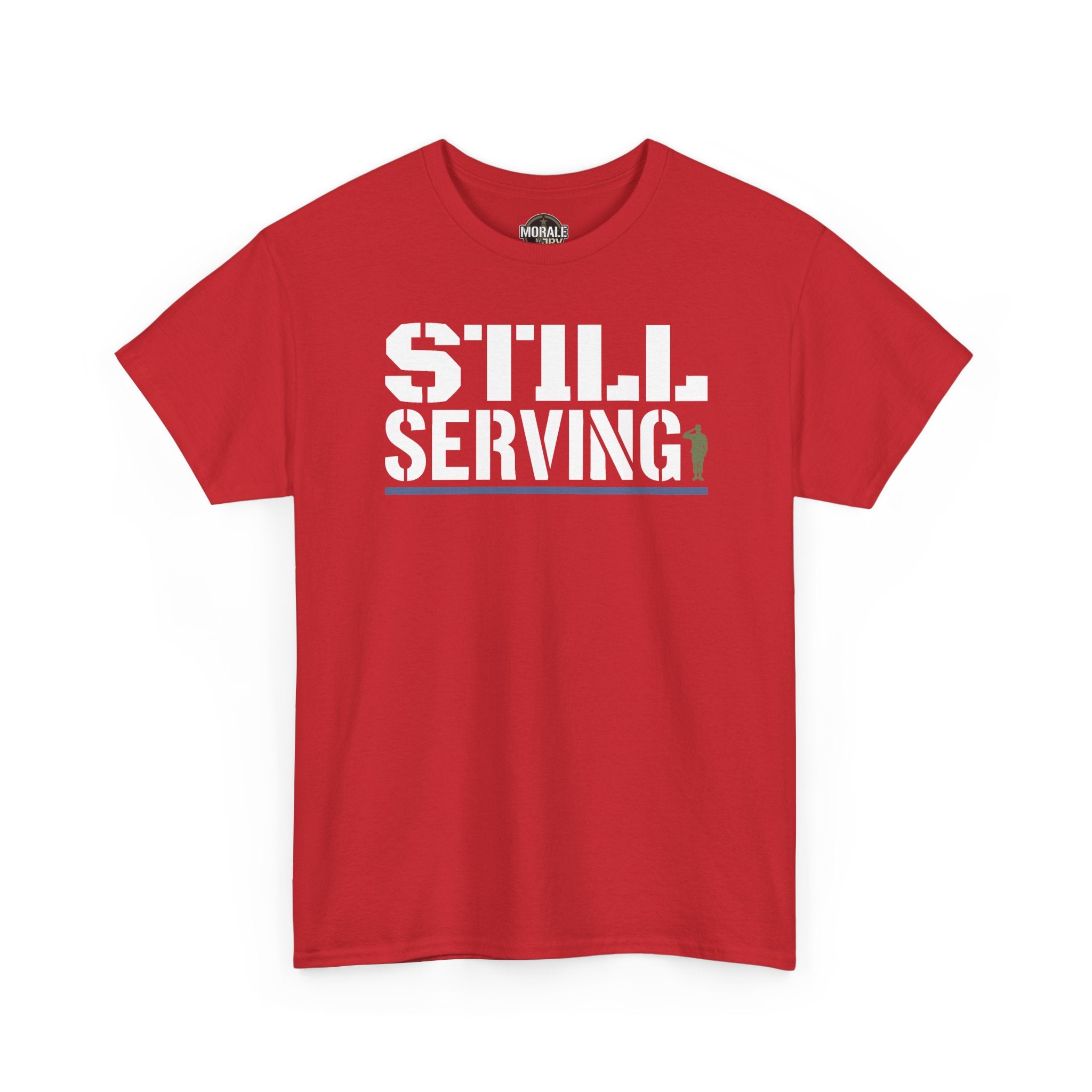 Red graphic T-shirt with "Still Serving" text on front
